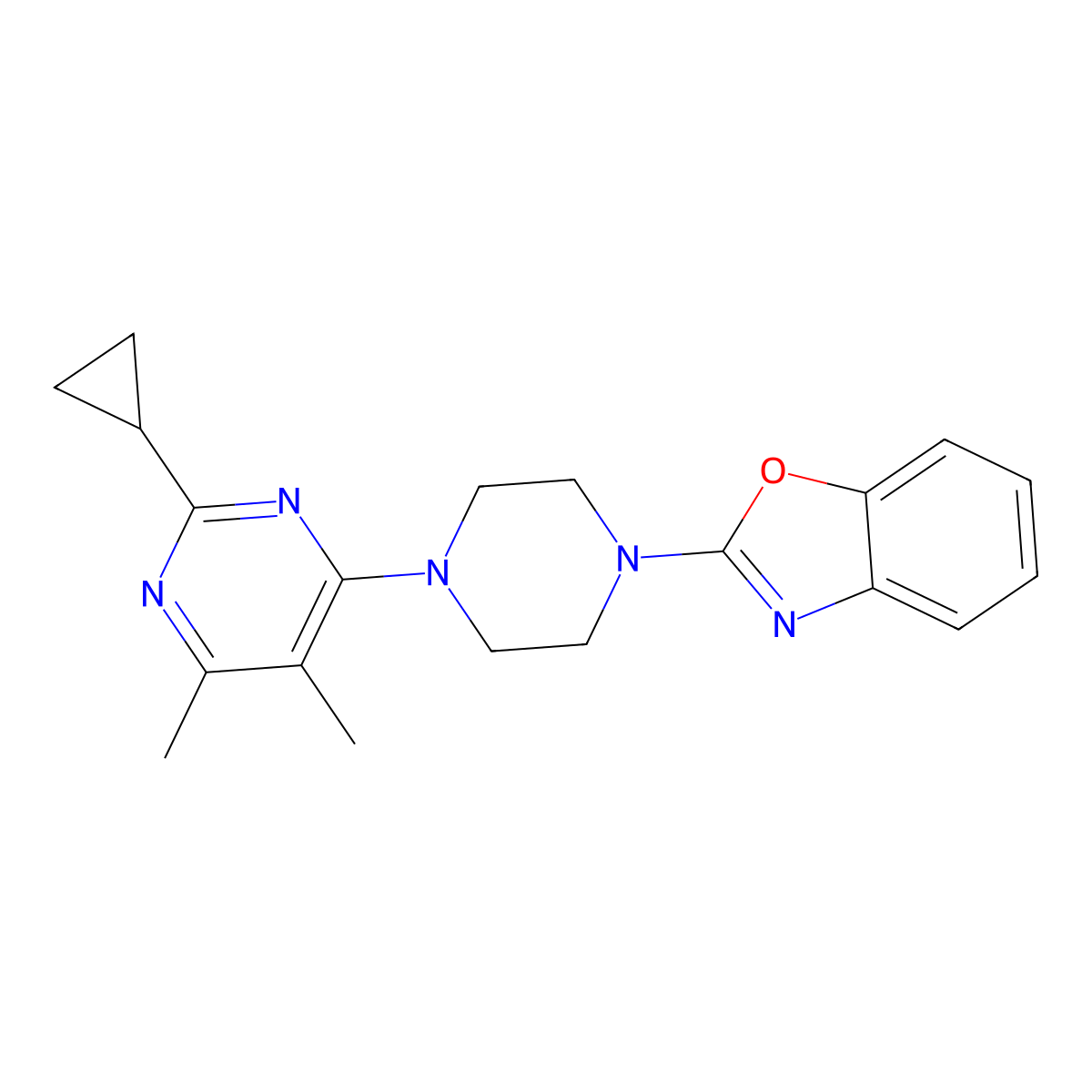 2-[4-(2-Cyclopropyl-5,6-dimethylpyrimidin-4-yl)piperazin-1-yl]-1,3-benzoxazole molecular structure, CAS 2742064-90-8