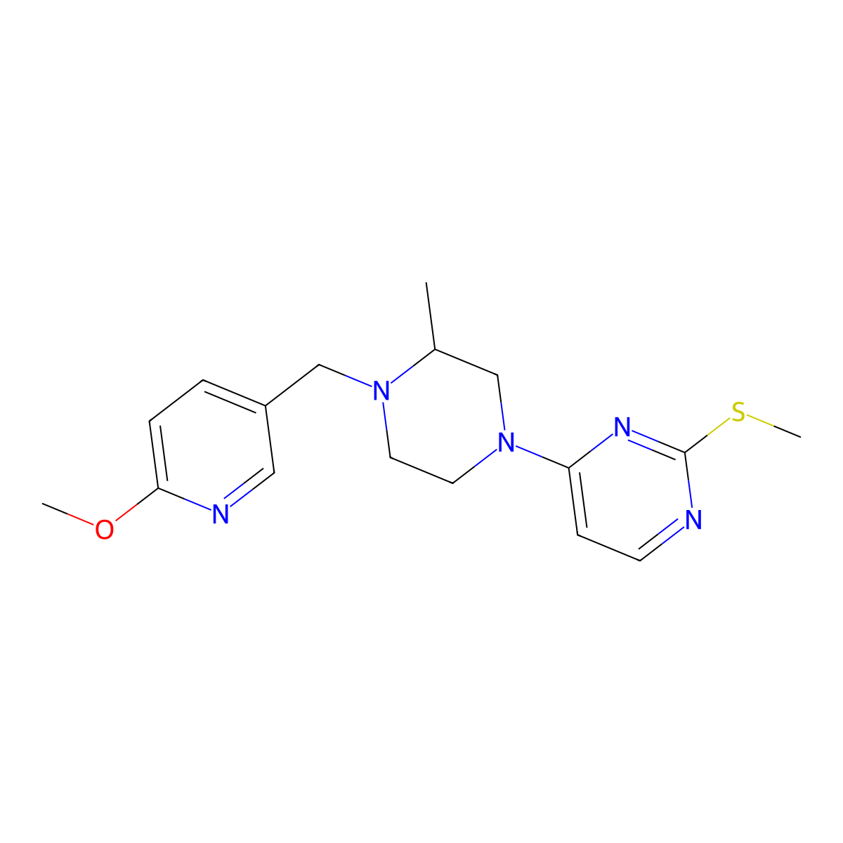 4-{4-[(6-Methoxypyridin-3-yl)methyl]-3-methylpiperazin-1-yl}-2-(methylsulfanyl)pyrimidine molecular structure, CAS 2742064-97-5
