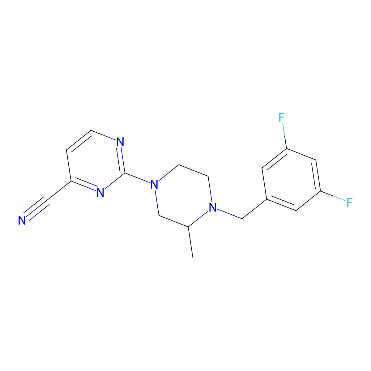 2-{4-[(3,5-Difluorophenyl)methyl]-3-methylpiperazin-1-yl}pyrimidine-4-carbonitrile molecular structure, CAS 2742065-02-5