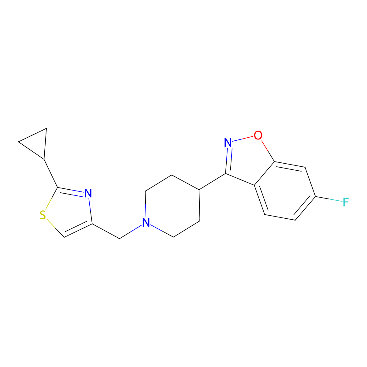 3-{1-[(2-Cyclopropyl-1,3-thiazol-4-yl)methyl]piperidin-4-yl}-6-fluoro-1,2-benzoxazole molecular structure, CAS 2742065-11-6