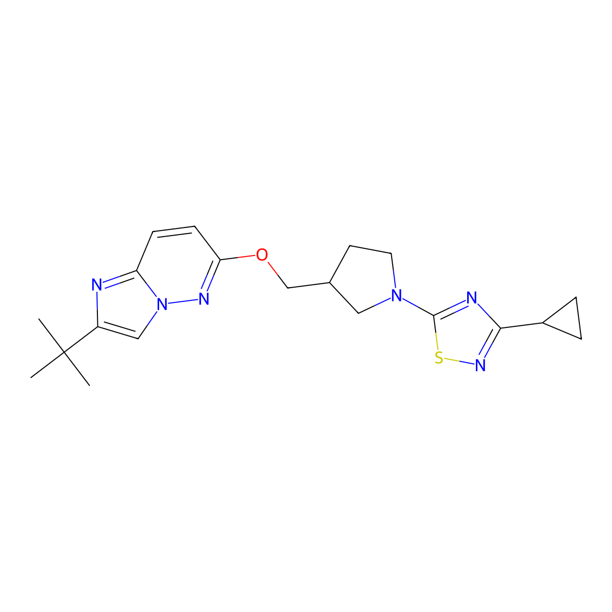 5-{3-[({2-Tert-butylimidazo[1,2-b]pyridazin-6-yl}oxy)methyl]pyrrolidin-1-yl}-3-cyclopropyl-1,2,4-thiadiazole molecular structure, CAS 2742065-20-7