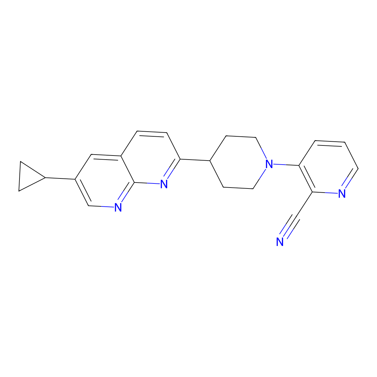 3-[4-(6-Cyclopropyl-1,8-naphthyridin-2-yl)piperidin-1-yl]pyridine-2-carbonitrile molecular structure, CAS 2742065-24-1