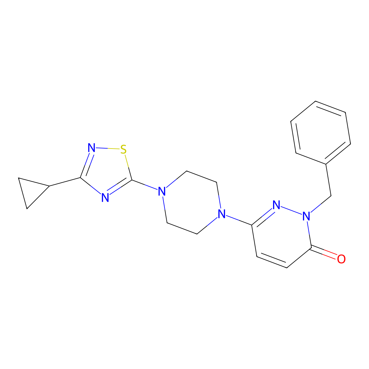 2-Benzyl-6-[4-(3-cyclopropyl-1,2,4-thiadiazol-5-yl)piperazin-1-yl]-2,3-dihydropyridazin-3-one molecular structure, CAS 2742065-27-4