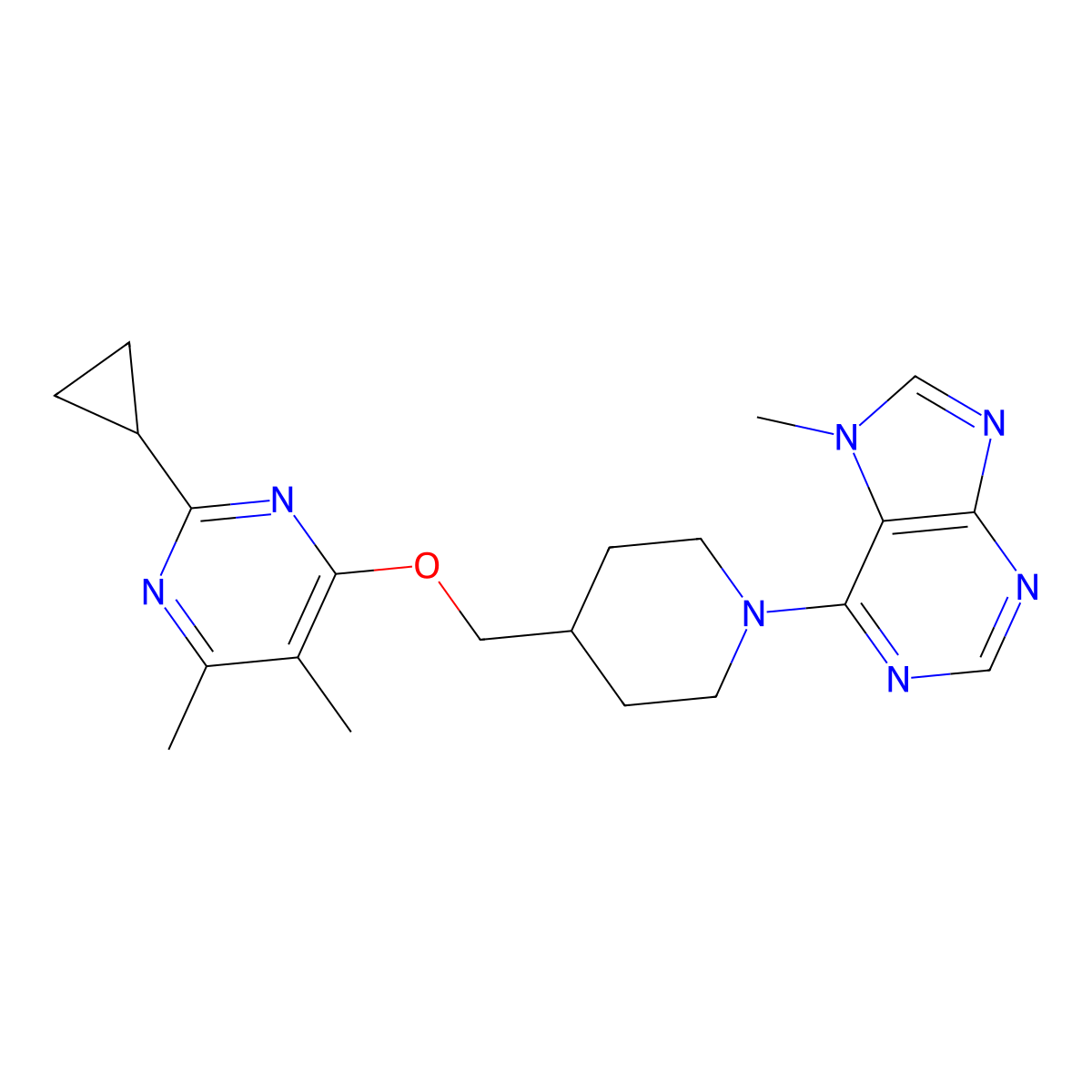 6-(4-{[(2-cyclopropyl-5,6-dimethylpyrimidin-4-yl)oxy]methyl}piperidin-1-yl)-7-methyl-7H-purine molecular structure, CAS 2742065-28-5