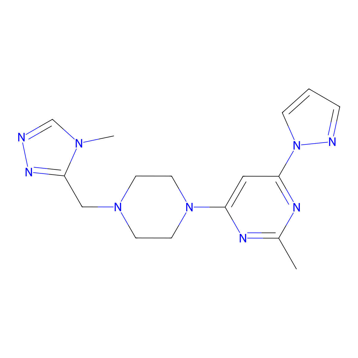 2-methyl-4-{4-[(4-methyl-4H-1,2,4-triazol-3-yl)methyl]piperazin-1-yl}-6-(1H-pyrazol-1-yl)pyrimidine molecular structure, CAS 2742065-29-6