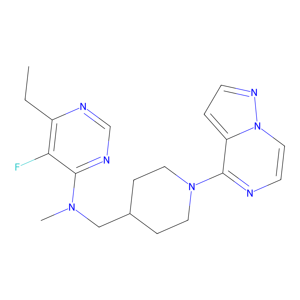6-ethyl-5-fluoro-N-methyl-N-[(1-{pyrazolo[1,5-a]pyrazin-4-yl}piperidin-4-yl)methyl]pyrimidin-4-amine molecular structure, CAS 2742065-36-5