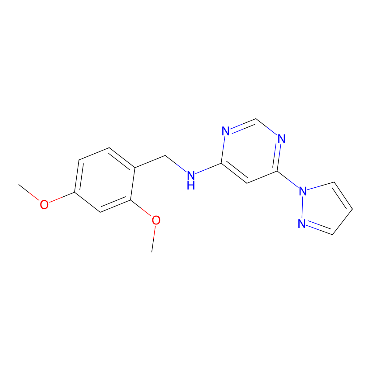 N-[(2,4-dimethoxyphenyl)methyl]-6-(1H-pyrazol-1-yl)pyrimidin-4-amine molecular structure, CAS 2742065-39-8