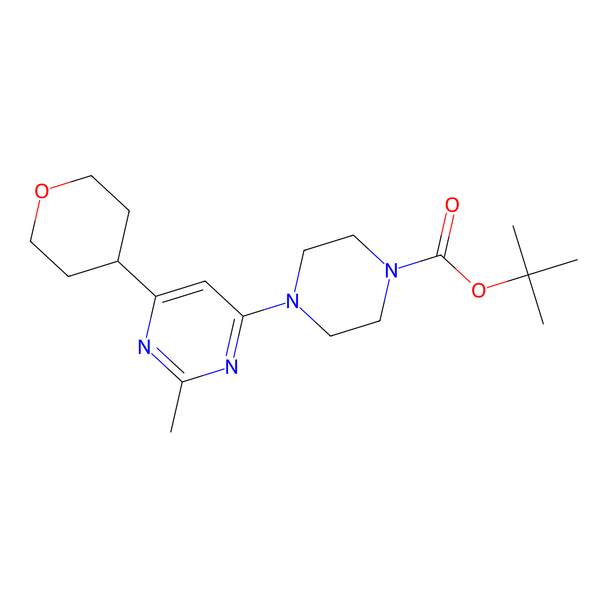 Tert-butyl 4-[2-methyl-6-(oxan-4-yl)pyrimidin-4-yl]piperazine-1-carboxylate molecular structure, CAS 2742065-42-3