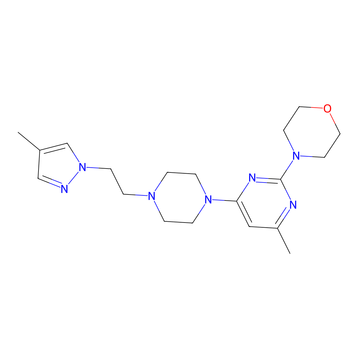 4-(4-methyl-6-{4-[2-(4-methyl-1H-pyrazol-1-yl)ethyl]piperazin-1-yl}pyrimidin-2-yl)morpholine molecular structure, CAS 2742065-47-8