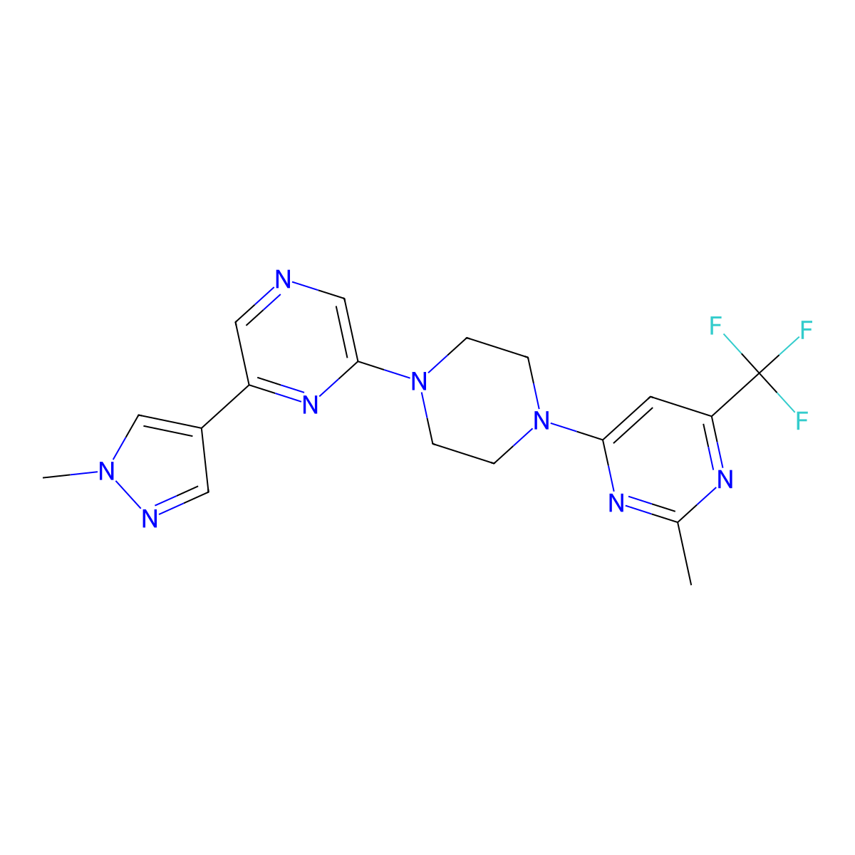 2-methyl-4-{4-[6-(1-methyl-1H-pyrazol-4-yl)pyrazin-2-yl]piperazin-1-yl}-6-(trifluoromethyl)pyrimidine molecular structure, CAS 2742065-50-3