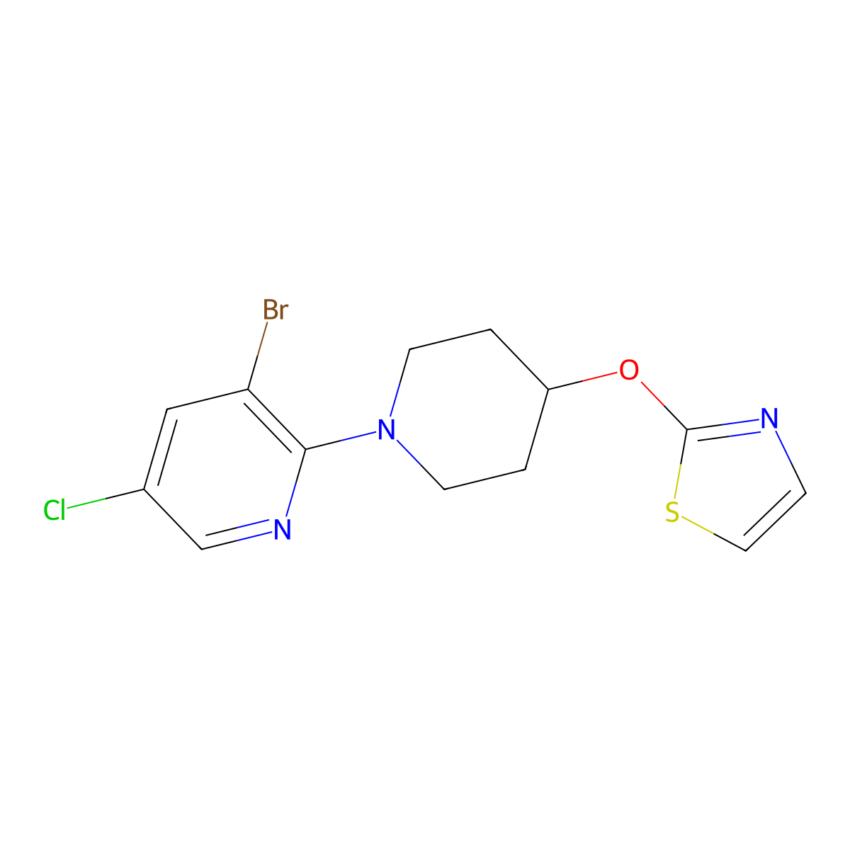 3-Bromo-5-chloro-2-[4-(1,3-thiazol-2-yloxy)piperidin-1-yl]pyridine molecular structure, CAS 2742065-53-6
