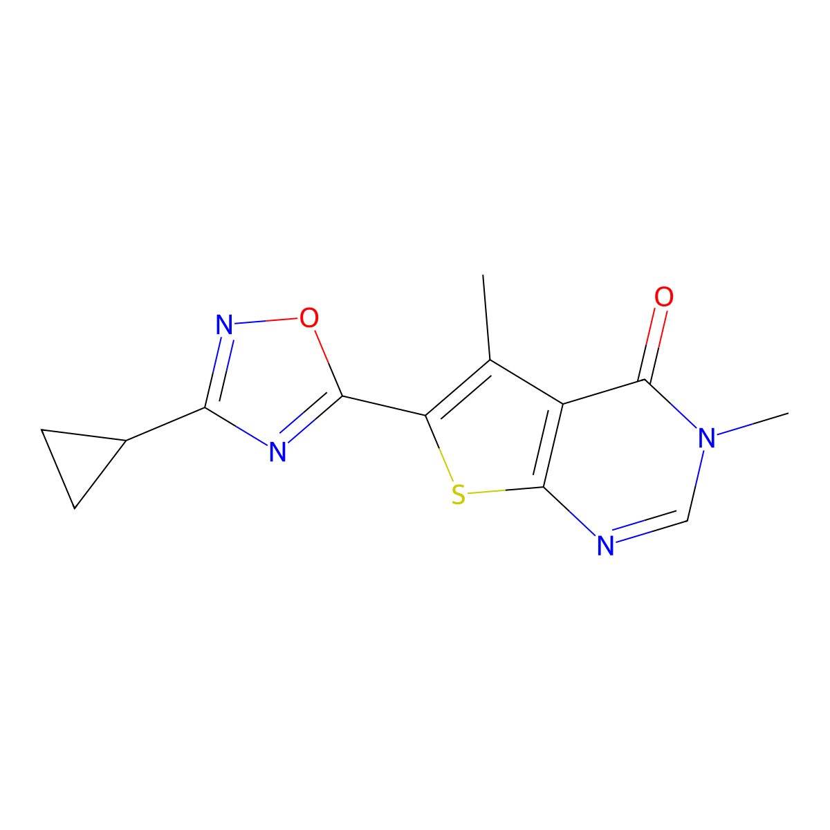 6-(3-cyclopropyl-1,2,4-oxadiazol-5-yl)-3,5-dimethyl-3H,4H-thieno[2,3-d]pyrimidin-4-one molecular structure, CAS 2742065-56-9