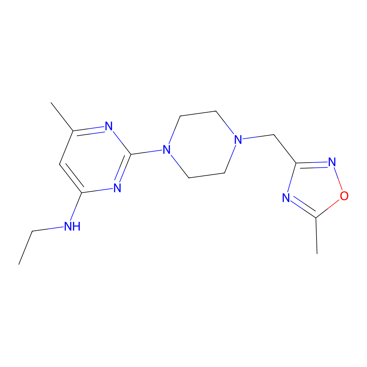 N-ethyl-6-methyl-2-{4-[(5-methyl-1,2,4-oxadiazol-3-yl)methyl]piperazin-1-yl}pyrimidin-4-amine molecular structure, CAS 2742065-61-6