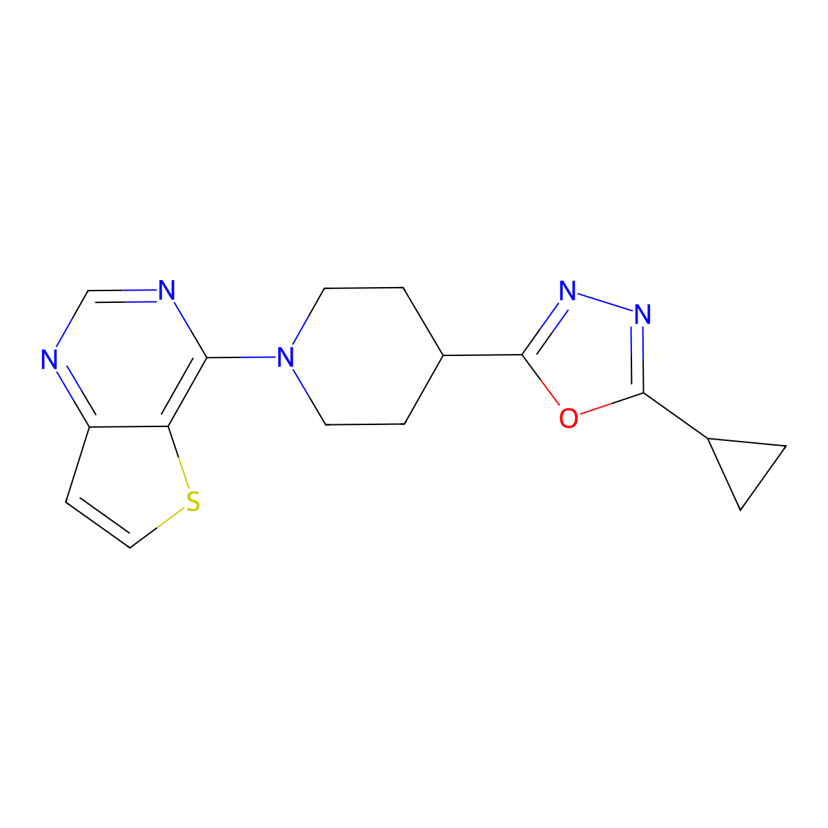 4-(5-Cyclopropyl-1,3,4-oxadiazol-2-yl)-1-{thieno[3,2-d]pyrimidin-4-yl}piperidine molecular structure, CAS 2742065-63-8