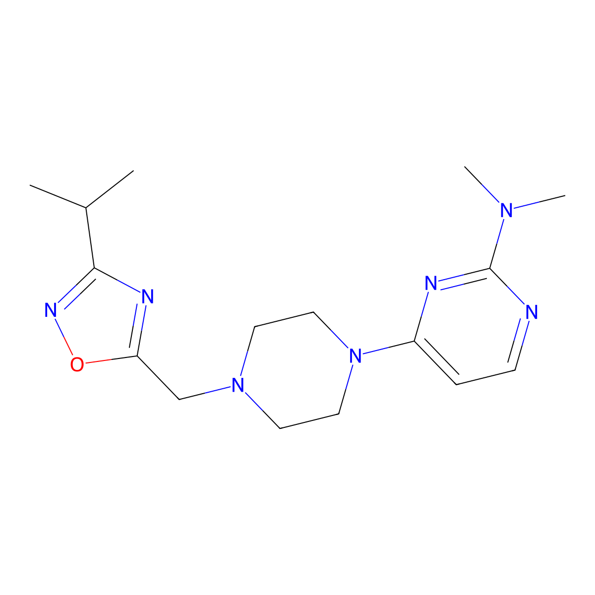 N,N-dimethyl-4-(4-{[3-(propan-2-yl)-1,2,4-oxadiazol-5-yl]methyl}piperazin-1-yl)pyrimidin-2-amine molecular structure, CAS 2742065-66-1