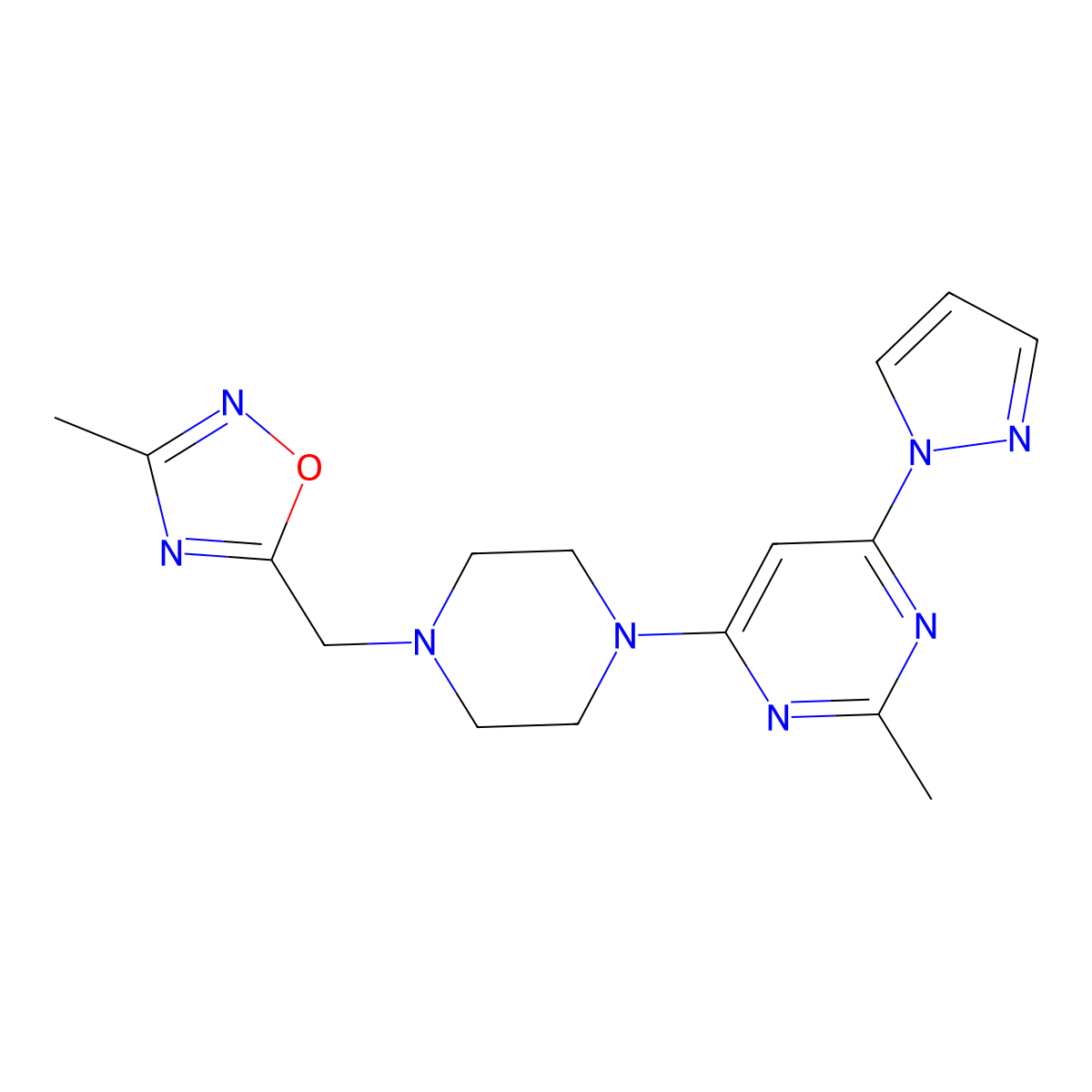 2-methyl-4-{4-[(3-methyl-1,2,4-oxadiazol-5-yl)methyl]piperazin-1-yl}-6-(1H-pyrazol-1-yl)pyrimidine molecular structure, CAS 2742065-74-1