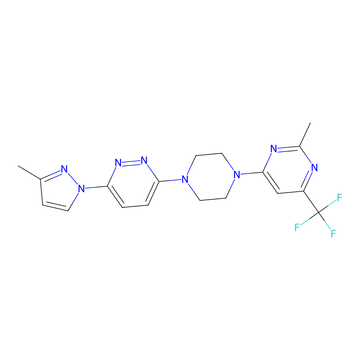 2-methyl-4-{4-[6-(3-methyl-1H-pyrazol-1-yl)pyridazin-3-yl]piperazin-1-yl}-6-(trifluoromethyl)pyrimidine molecular structure, CAS 2742065-83-2