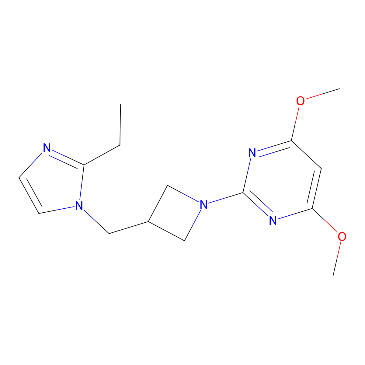 2-{3-[(2-ethyl-1H-imidazol-1-yl)methyl]azetidin-1-yl}-4,6-dimethoxypyrimidine molecular structure, CAS 2742065-84-3