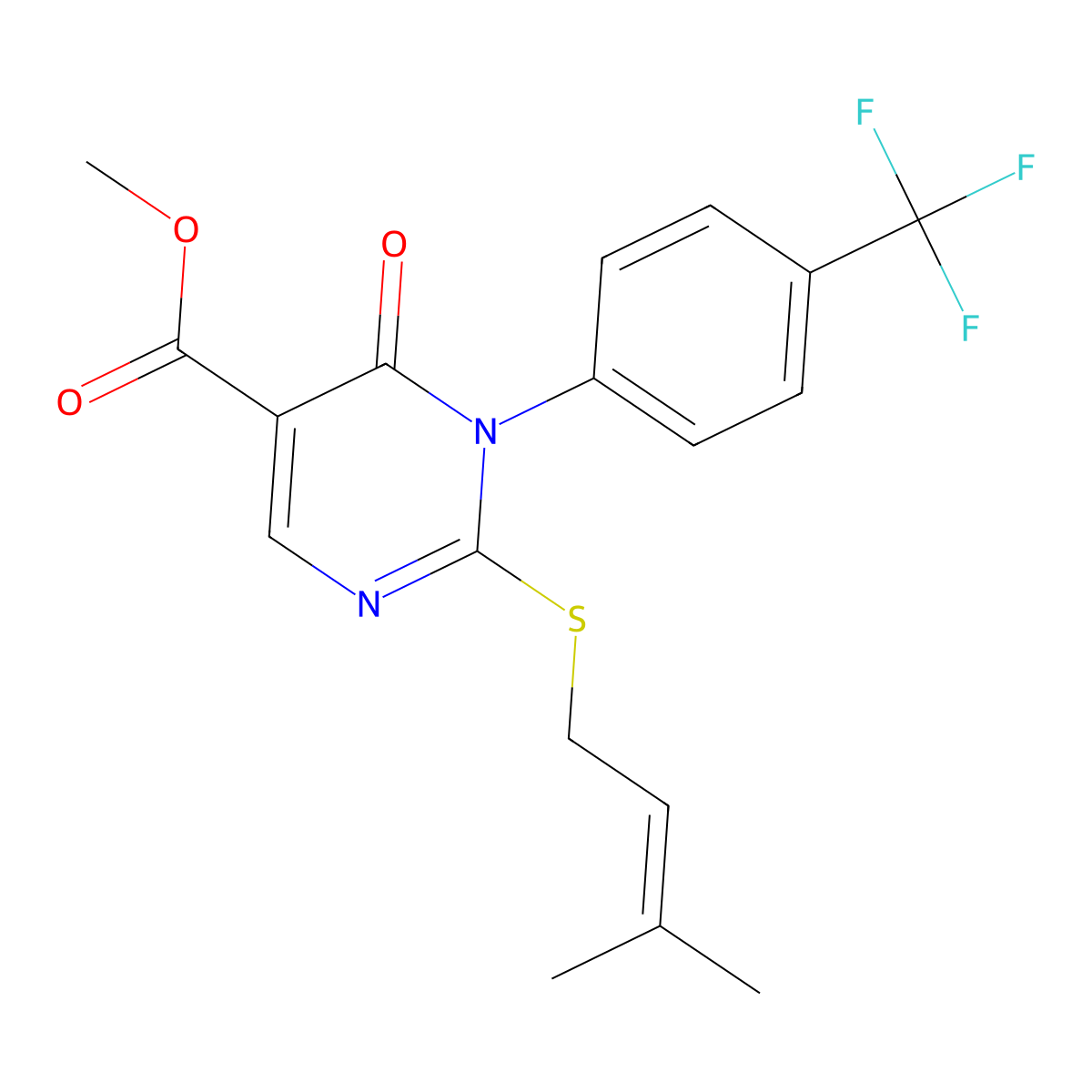 Methyl 2-[(3-methylbut-2-en-1-yl)sulfanyl]-6-oxo-1-[4-(trifluoromethyl)phenyl]-1,6-dihydropyrimidine-5-carboxylate molecular structure, CAS 2742065-85-4