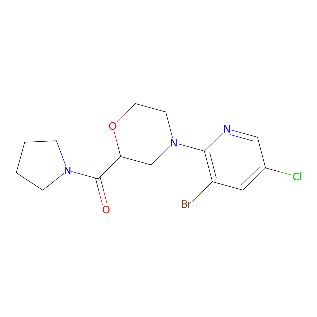 4-(3-Bromo-5-chloropyridin-2-yl)-2-(pyrrolidine-1-carbonyl)morpholine molecular structure, CAS 2742065-86-5