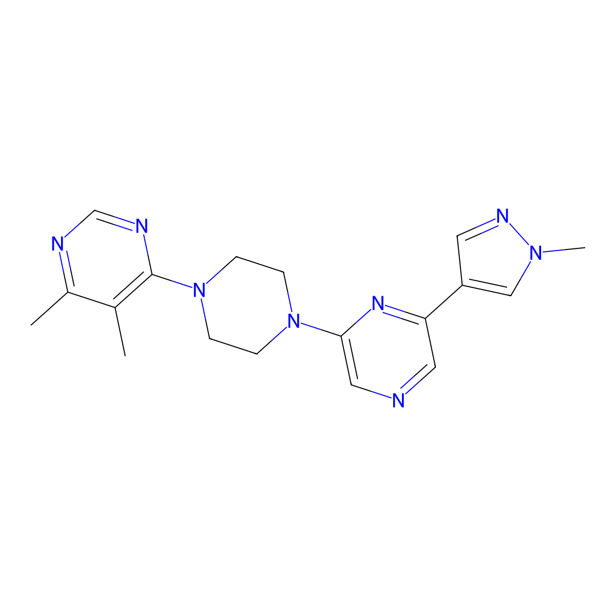 4,5-dimethyl-6-{4-[6-(1-methyl-1H-pyrazol-4-yl)pyrazin-2-yl]piperazin-1-yl}pyrimidine molecular structure, CAS 2742065-90-1