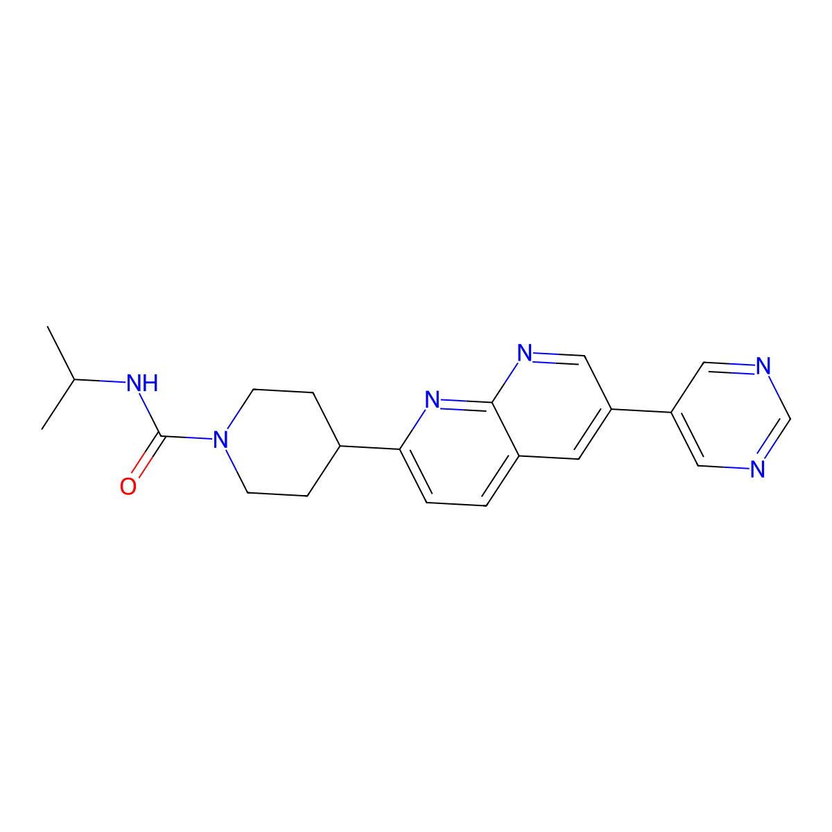 N-(propan-2-yl)-4-[6-(pyrimidin-5-yl)-1,8-naphthyridin-2-yl]piperidine-1-carboxamide molecular structure, CAS 2742065-91-2