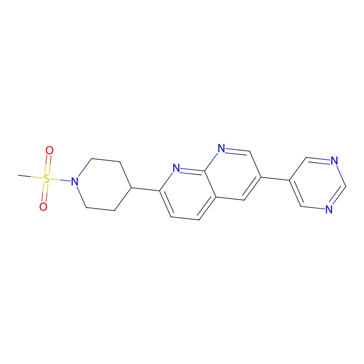 2-(1-Methanesulfonylpiperidin-4-yl)-6-(pyrimidin-5-yl)-1,8-naphthyridine molecular structure, CAS 2742066-05-1