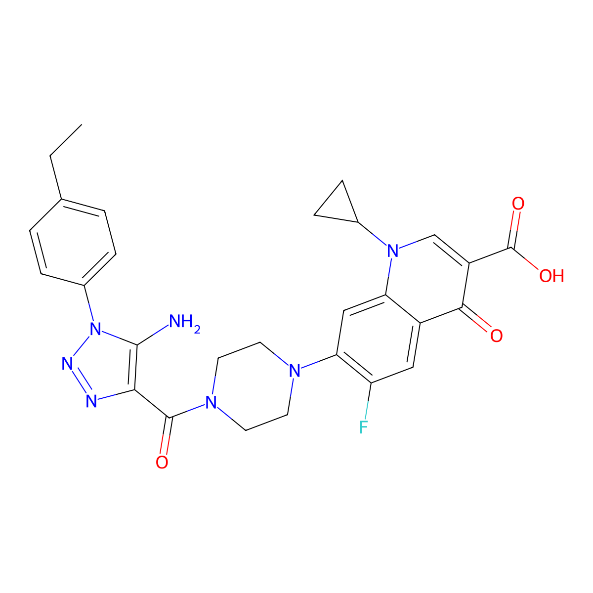 7-{4-[5-amino-1-(4-ethylphenyl)-1H-1,2,3-triazole-4-carbonyl]piperazin-1-yl}-1-cyclopropyl-6-fluoro-4-oxo-1,4-dihydroquinoline-3-carboxylic acid molecular structure, CAS 2742066-13-1