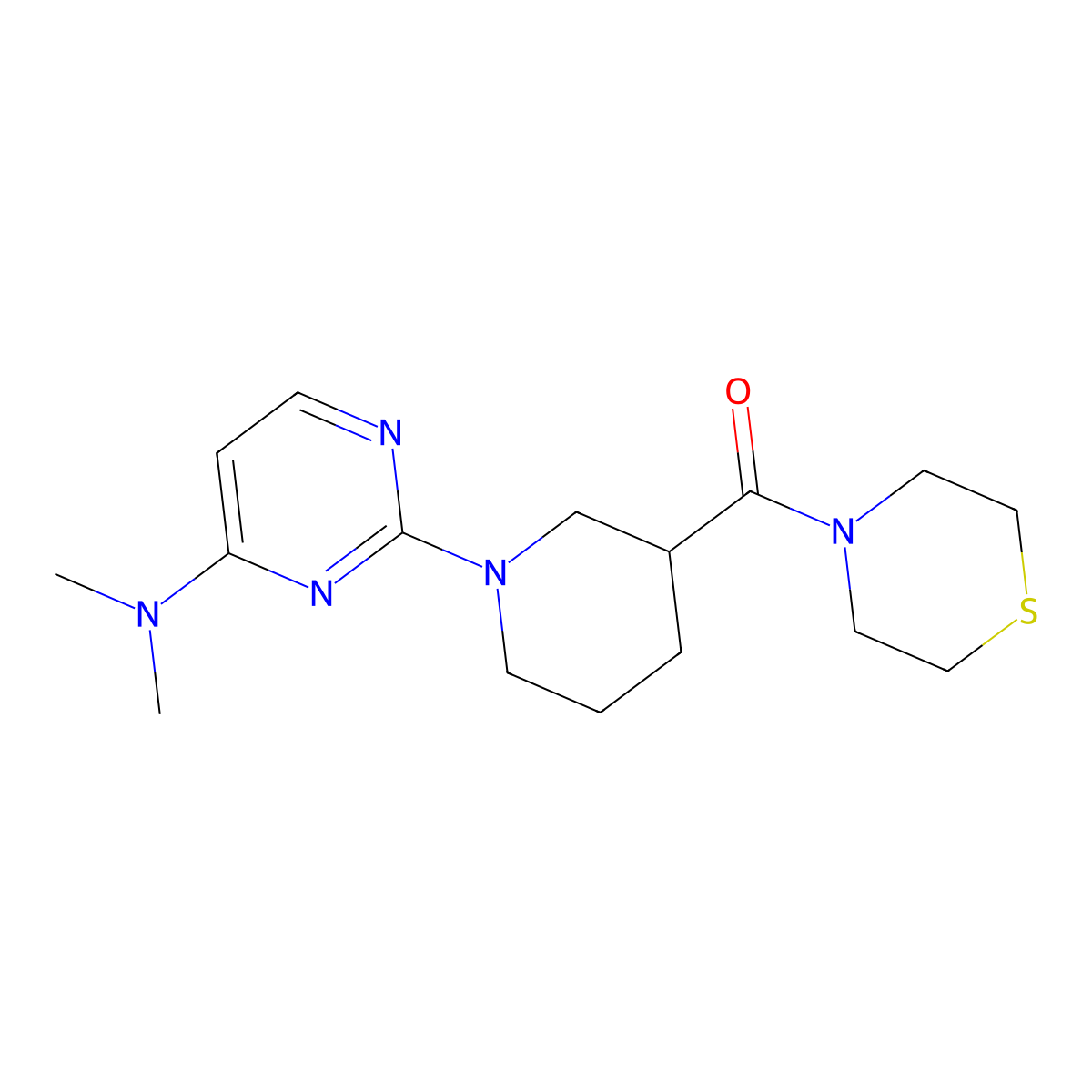 N,N-dimethyl-2-[3-(thiomorpholine-4-carbonyl)piperidin-1-yl]pyrimidin-4-amine molecular structure, CAS 2742066-14-2