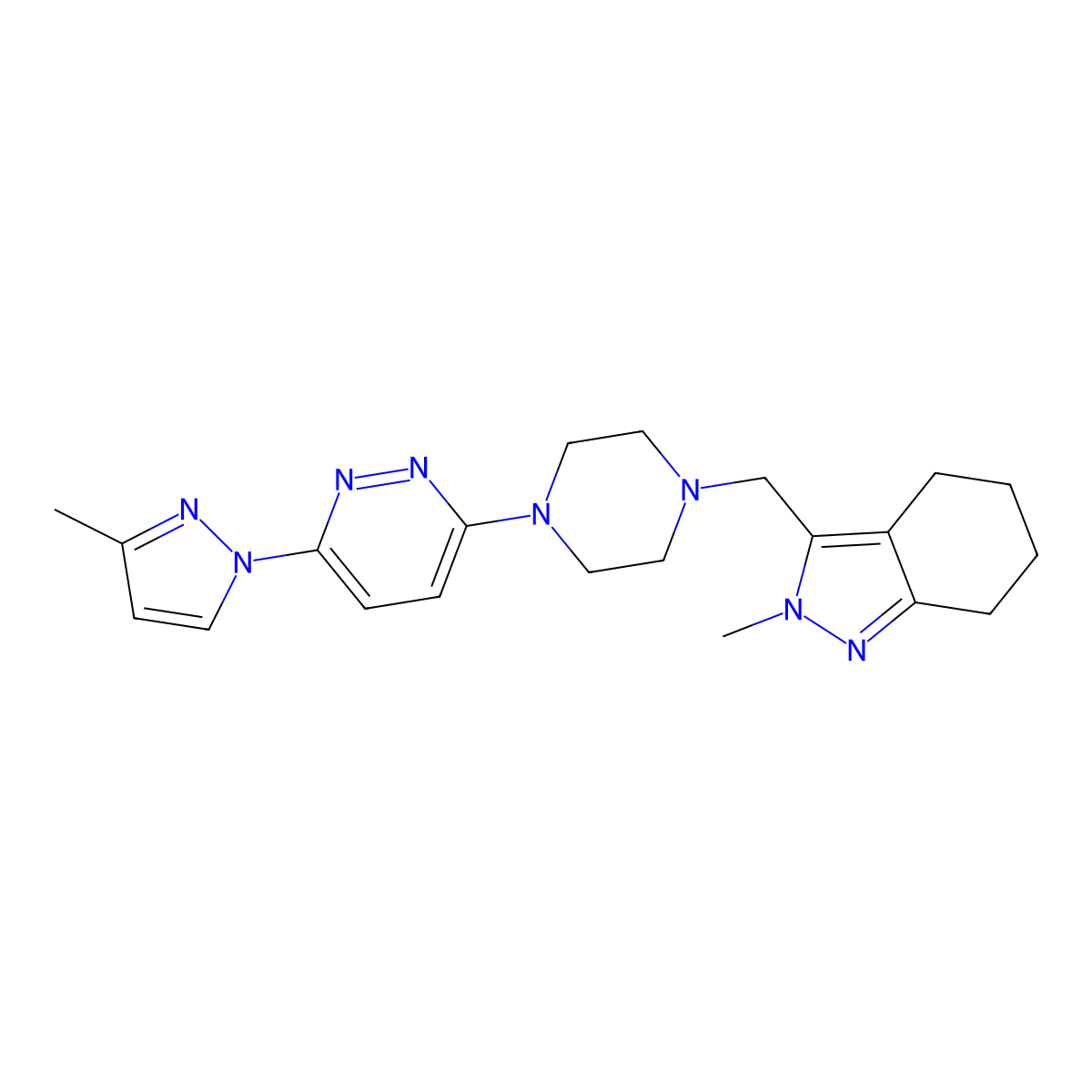 2-methyl-3-({4-[6-(3-methyl-1H-pyrazol-1-yl)pyridazin-3-yl]piperazin-1-yl}methyl)-4,5,6,7-tetrahydro-2H-indazole molecular structure, CAS 2742066-17-5