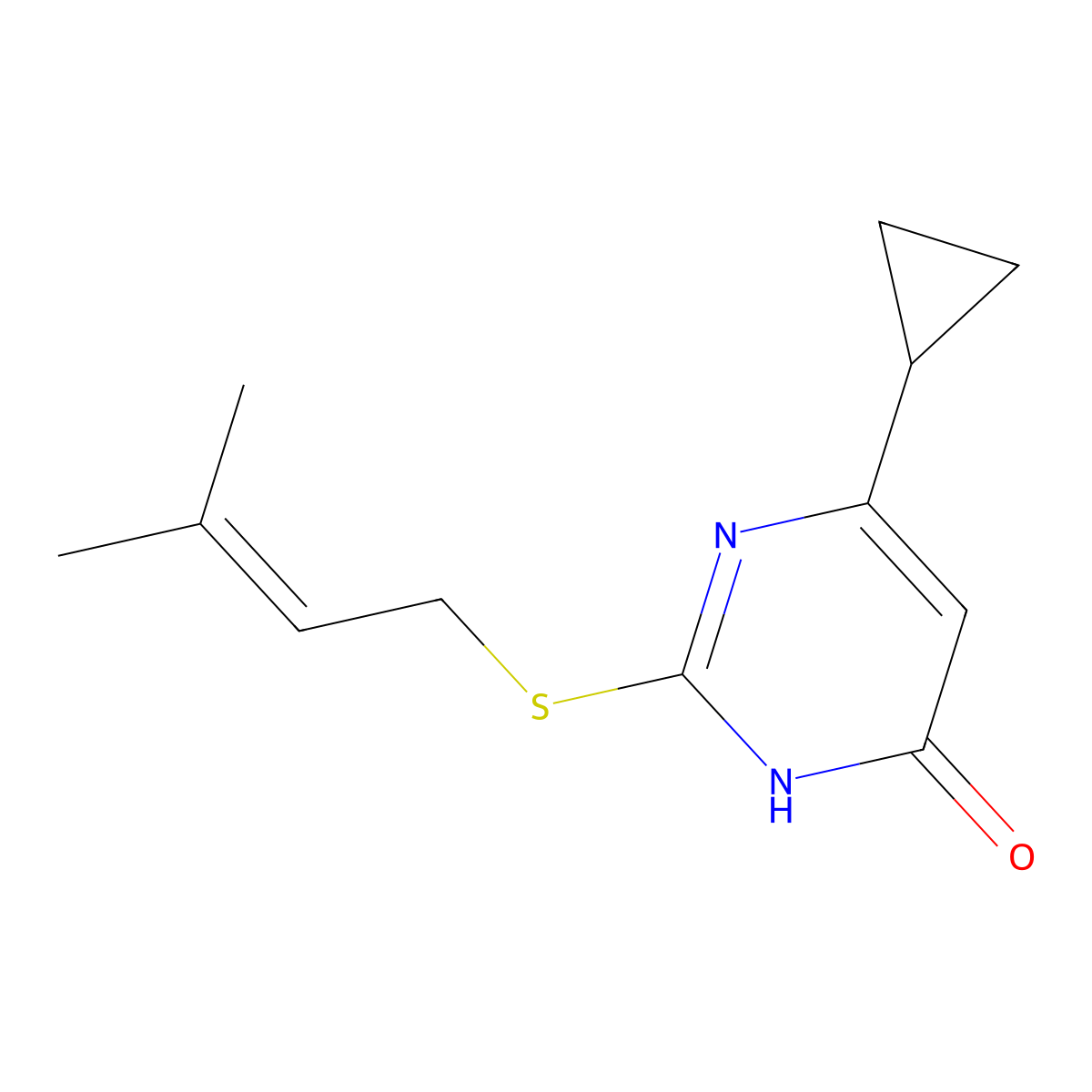 6-Cyclopropyl-2-[(3-methylbut-2-en-1-yl)sulfanyl]-3,4-dihydropyrimidin-4-one molecular structure, CAS 2742066-27-7