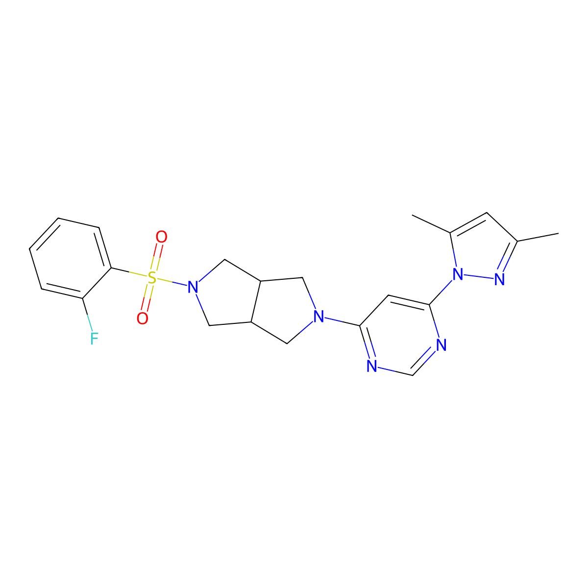 4-(3,5-dimethyl-1H-pyrazol-1-yl)-6-[5-(2-fluorobenzenesulfonyl)-octahydropyrrolo[3,4-c]pyrrol-2-yl]pyrimidine molecular structure, CAS 2742066-52-8