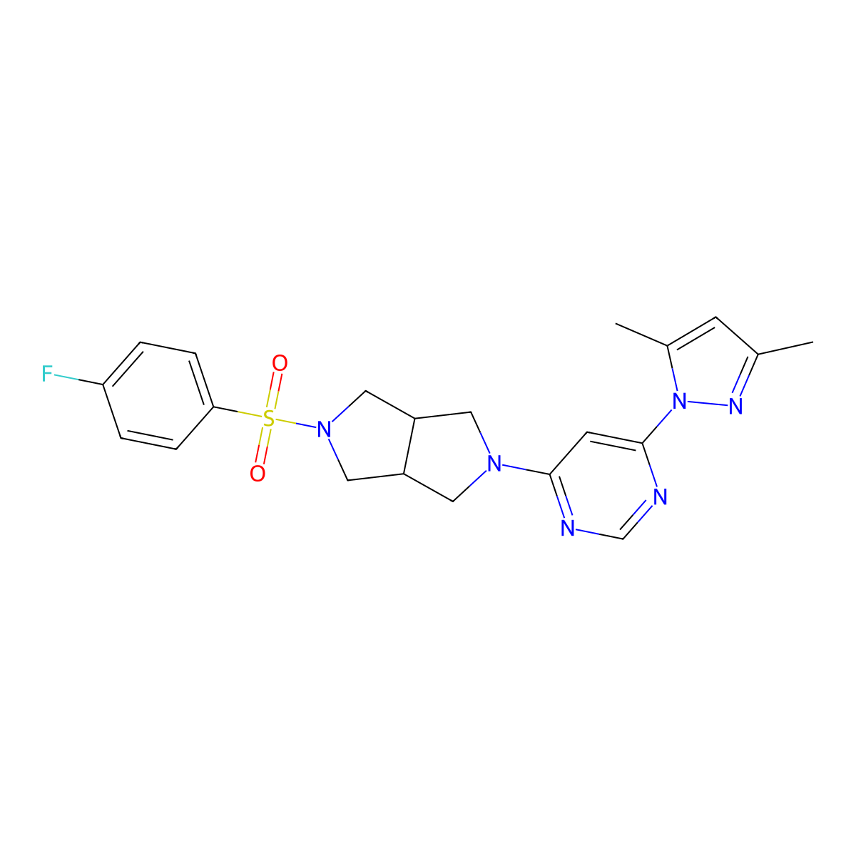 4-(3,5-dimethyl-1H-pyrazol-1-yl)-6-[5-(4-fluorobenzenesulfonyl)-octahydropyrrolo[3,4-c]pyrrol-2-yl]pyrimidine molecular structure, CAS 2742066-61-9