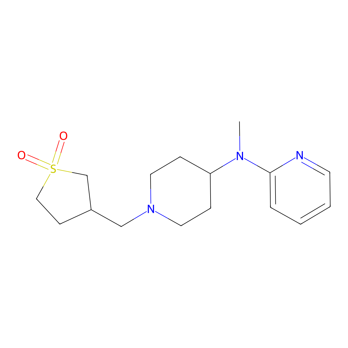 3-({4-[Methyl(pyridin-2-yl)amino]piperidin-1-yl}methyl)-1lambda6-thiolane-1,1-dione molecular structure, CAS 2742066-72-2