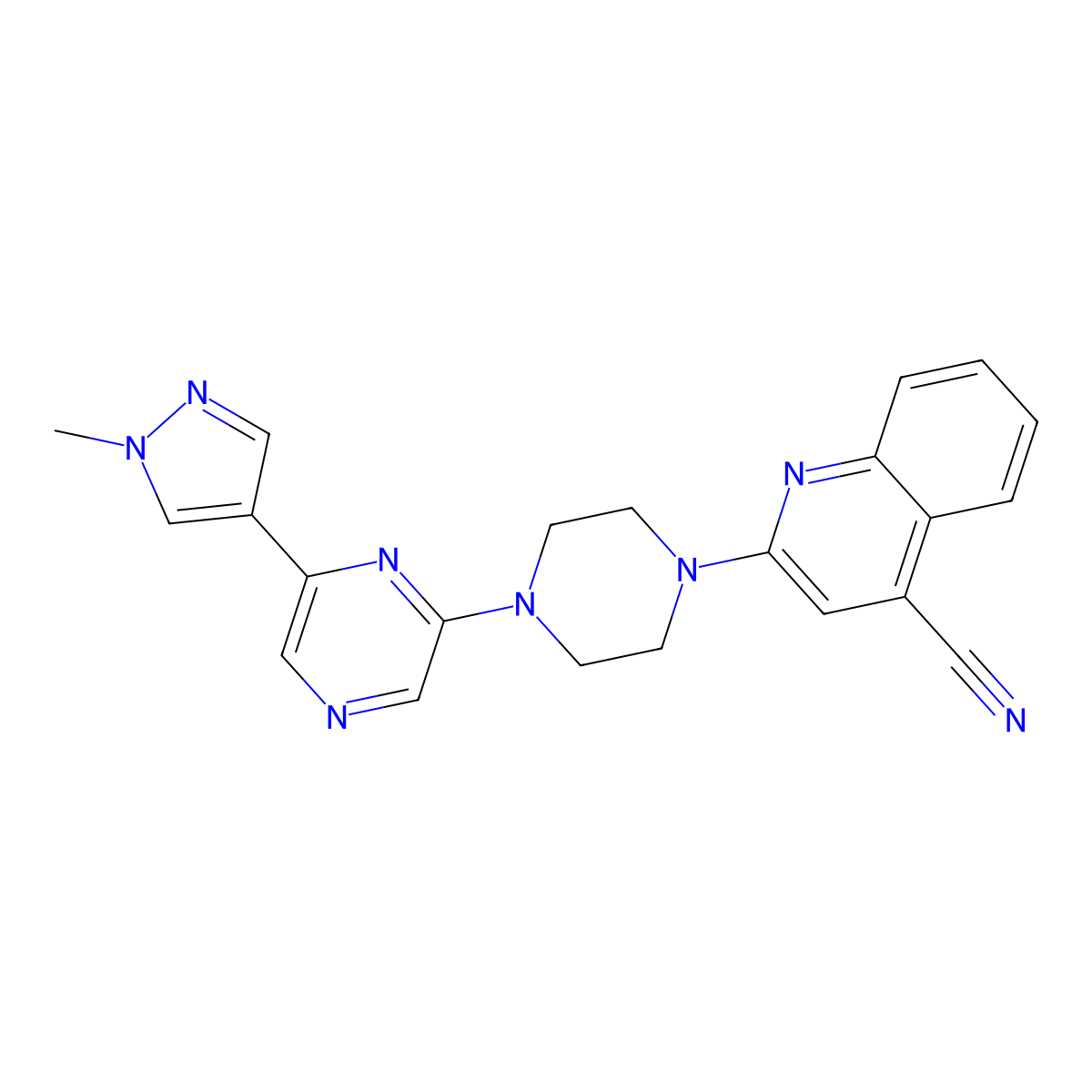 2-{4-[6-(1-methyl-1H-pyrazol-4-yl)pyrazin-2-yl]piperazin-1-yl}quinoline-4-carbonitrile molecular structure, CAS 2742066-75-5
