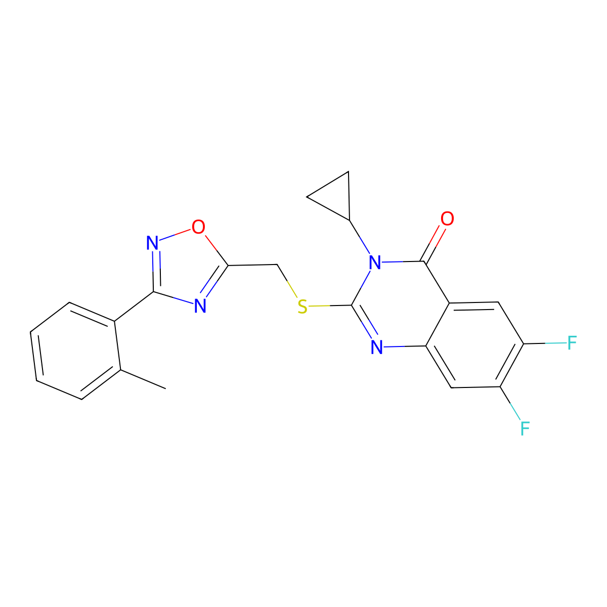 3-Cyclopropyl-6,7-difluoro-2-({[3-(2-methylphenyl)-1,2,4-oxadiazol-5-yl]methyl}sulfanyl)-3,4-dihydroquinazolin-4-one molecular structure, CAS 2742066-85-7