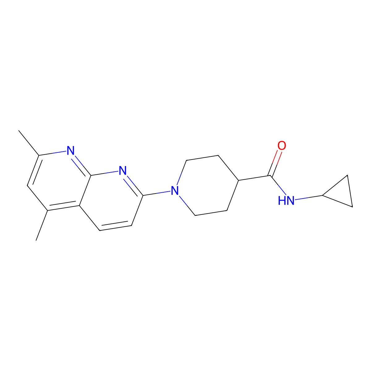 N-cyclopropyl-1-(5,7-dimethyl-1,8-naphthyridin-2-yl)piperidine-4-carboxamide molecular structure, CAS 2742066-89-1