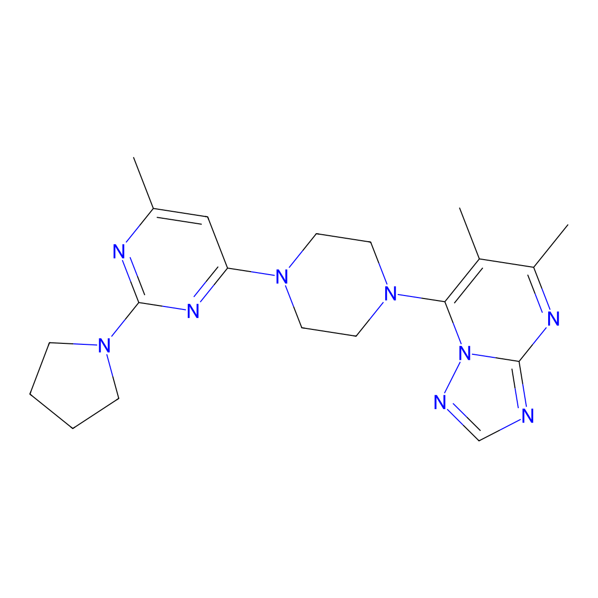 4-(4-{5,6-Dimethyl-[1,2,4]triazolo[1,5-a]pyrimidin-7-yl}piperazin-1-yl)-6-methyl-2-(pyrrolidin-1-yl)pyrimidine molecular structure, CAS 2742066-91-5