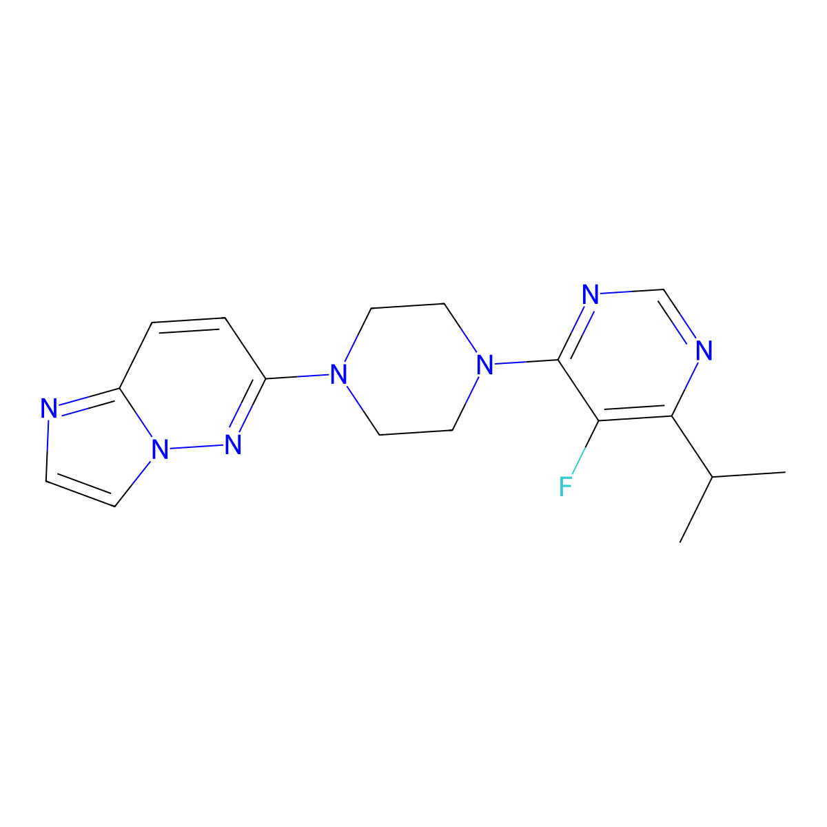 5-Fluoro-4-(4-{imidazo[1,2-b]pyridazin-6-yl}piperazin-1-yl)-6-(propan-2-yl)pyrimidine molecular structure, CAS 2742066-92-6