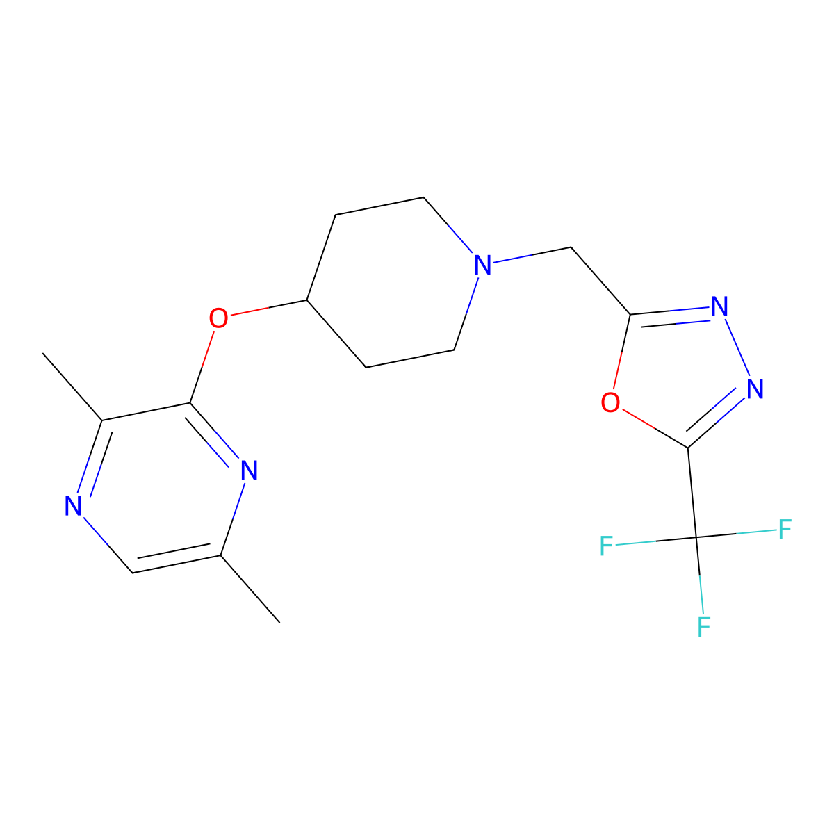 2,5-Dimethyl-3-[(1-{[5-(trifluoromethyl)-1,3,4-oxadiazol-2-yl]methyl}piperidin-4-yl)oxy]pyrazine molecular structure, CAS 2742067-01-0