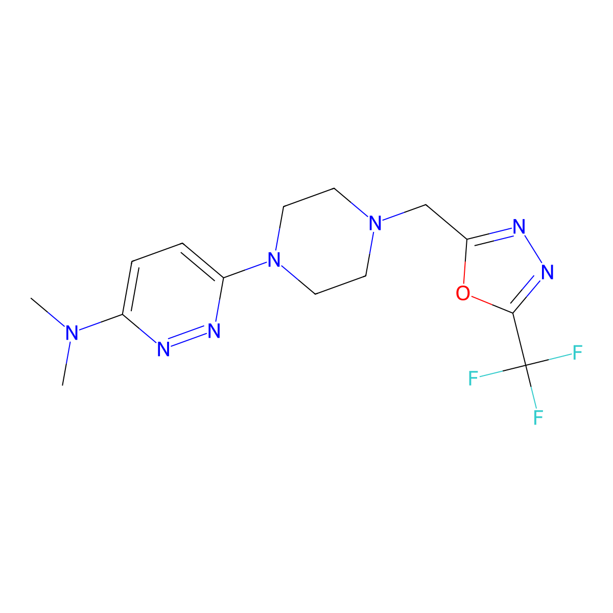 N,N-dimethyl-6-(4-{[5-(trifluoromethyl)-1,3,4-oxadiazol-2-yl]methyl}piperazin-1-yl)pyridazin-3-amine molecular structure, CAS 2742067-03-2