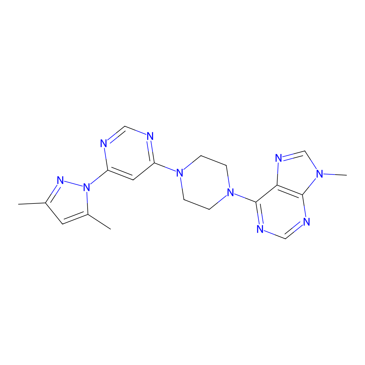 6-{4-[6-(3,5-dimethyl-1H-pyrazol-1-yl)pyrimidin-4-yl]piperazin-1-yl}-9-methyl-9H-purine molecular structure, CAS 2742067-08-7