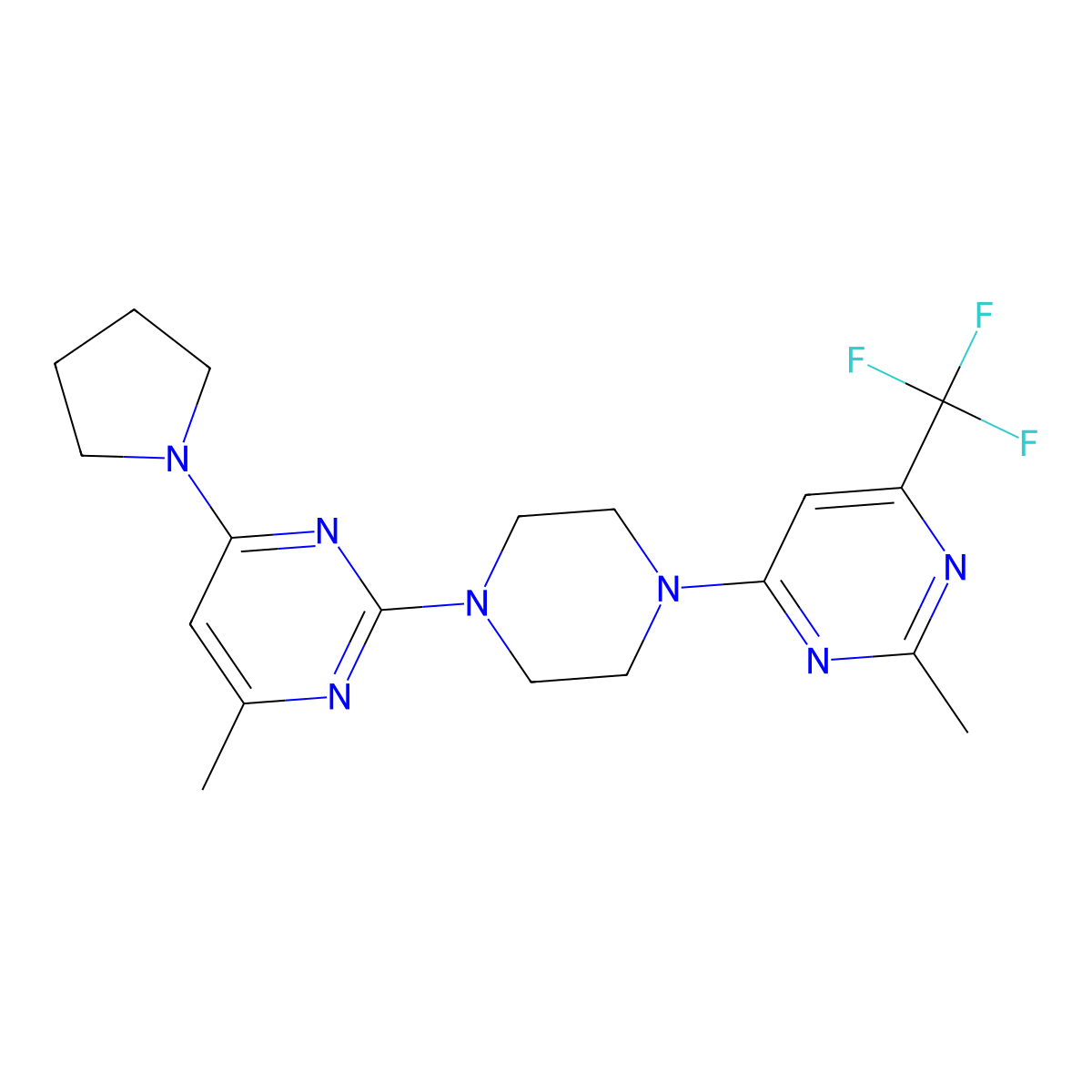 4-Methyl-2-{4-[2-methyl-6-(trifluoromethyl)pyrimidin-4-yl]piperazin-1-yl}-6-(pyrrolidin-1-yl)pyrimidine molecular structure, CAS 2742067-10-1