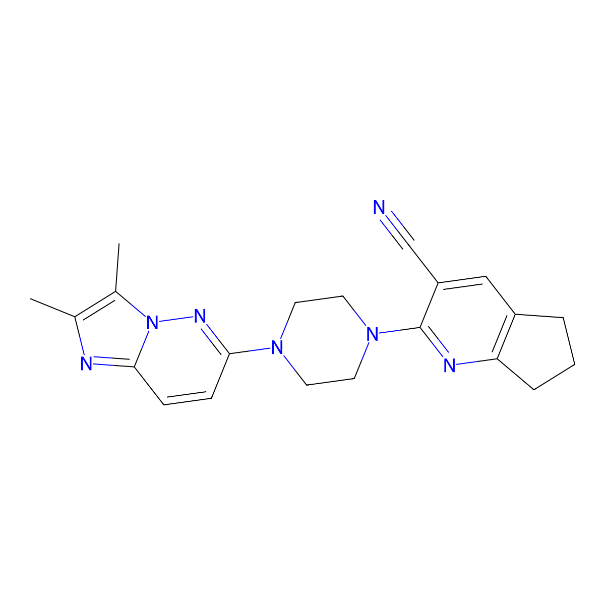 2-(4-{2,3-dimethylimidazo[1,2-b]pyridazin-6-yl}piperazin-1-yl)-5H,6H,7H-cyclopenta[b]pyridine-3-carbonitrile molecular structure, CAS 2742067-11-2