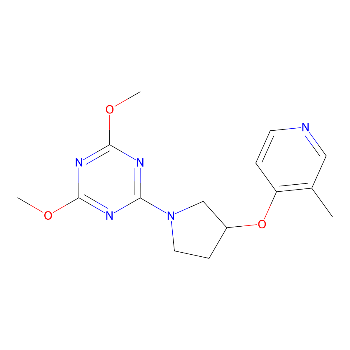 2,4-Dimethoxy-6-{3-[(3-methylpyridin-4-yl)oxy]pyrrolidin-1-yl}-1,3,5-triazine molecular structure, CAS 2742067-16-7