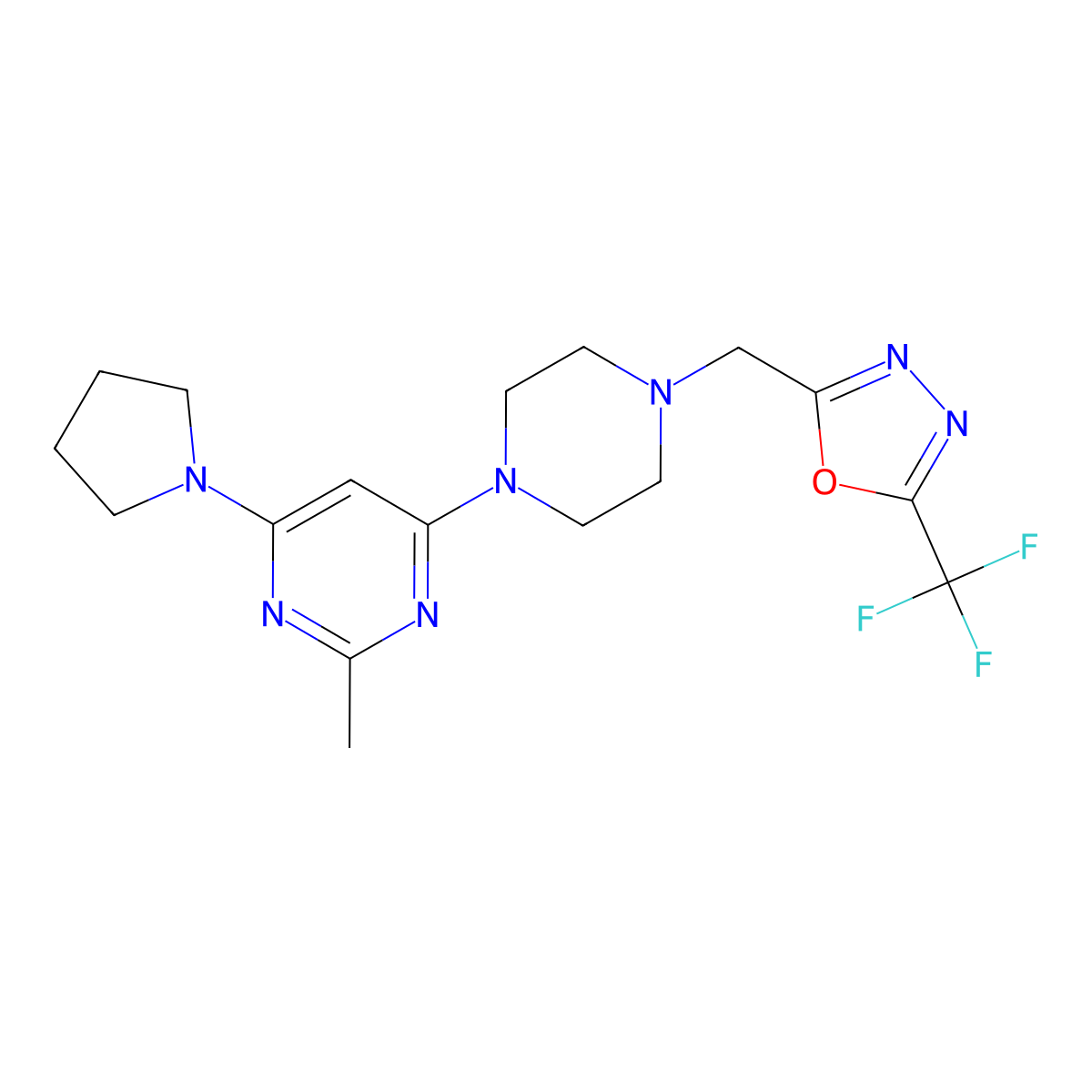 2-Methyl-4-(pyrrolidin-1-yl)-6-(4-{[5-(trifluoromethyl)-1,3,4-oxadiazol-2-yl]methyl}piperazin-1-yl)pyrimidine molecular structure, CAS 2742067-17-8