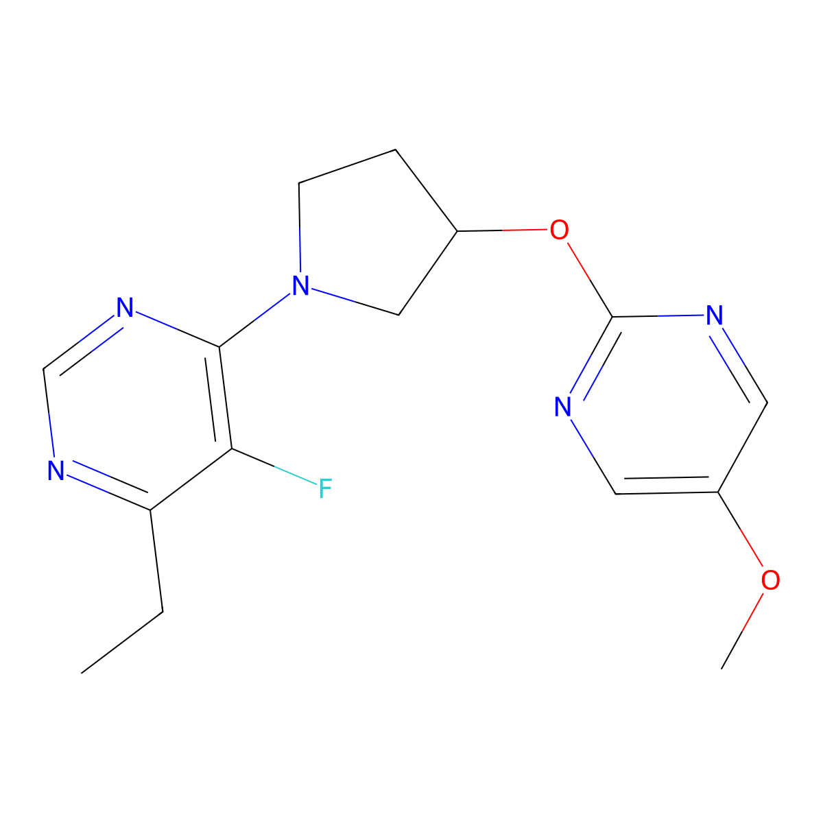 4-Ethyl-5-fluoro-6-{3-[(5-methoxypyrimidin-2-yl)oxy]pyrrolidin-1-yl}pyrimidine molecular structure, CAS 2742067-25-8