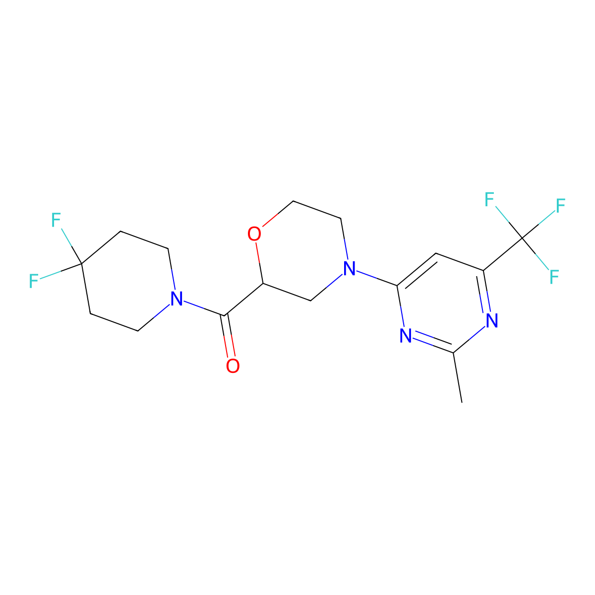 2-(4,4-Difluoropiperidine-1-carbonyl)-4-[2-methyl-6-(trifluoromethyl)pyrimidin-4-yl]morpholine molecular structure, CAS 2742067-30-5
