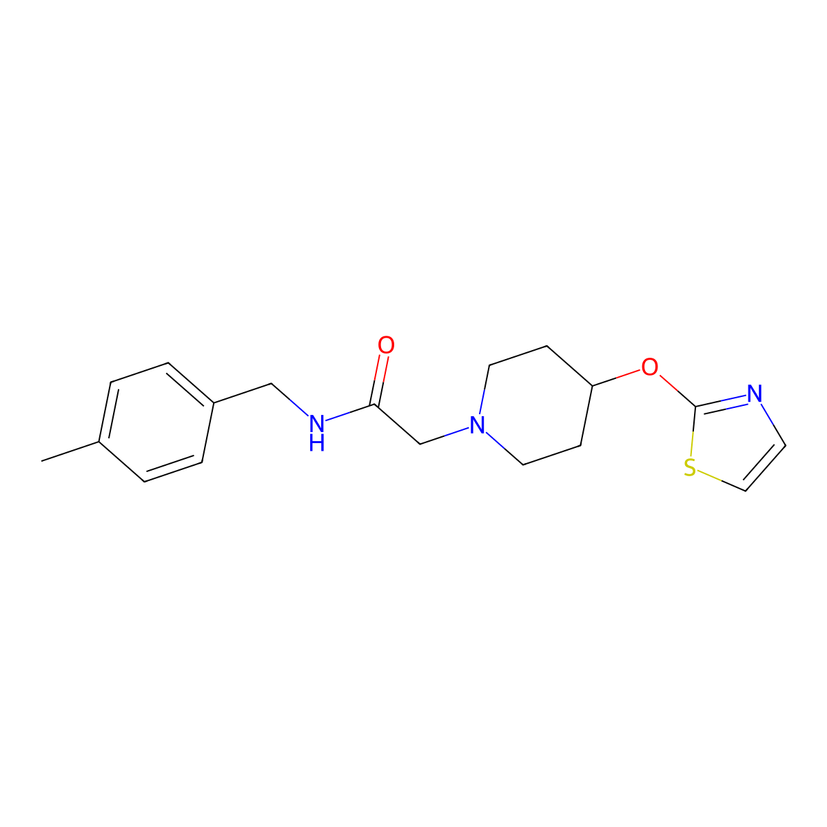 N-[(4-methylphenyl)methyl]-2-[4-(1,3-thiazol-2-yloxy)piperidin-1-yl]acetamide molecular structure, CAS 2742067-44-1
