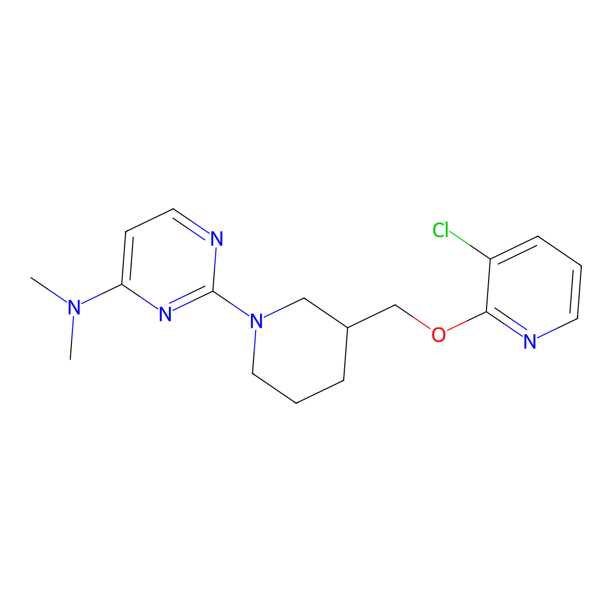 2-(3-{[(3-chloropyridin-2-yl)oxy]methyl}piperidin-1-yl)-N,N-dimethylpyrimidin-4-amine molecular structure, CAS 2742067-46-3